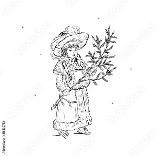 girl in vintage winter clothes, clutch, fur coat and hat holds a fir branch. winter season. 