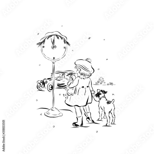 girl with a dog are standing outside in the winter at the clock on which the chimes strike midnight