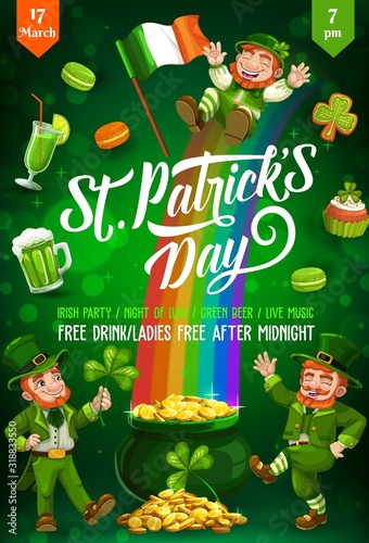 Patricks Day leprechauns dancing and sliding down on rainbow with gold. Green shamrock or clover leaves, pot of golden coins and Irish flag, treasure and beer. Party invitation vector design