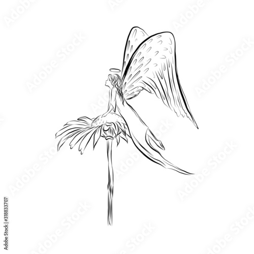 girl angel with big wings sits on a dandelion bud. Graphic artistic vector art for vintage decoration, print, card, children's illustration for book