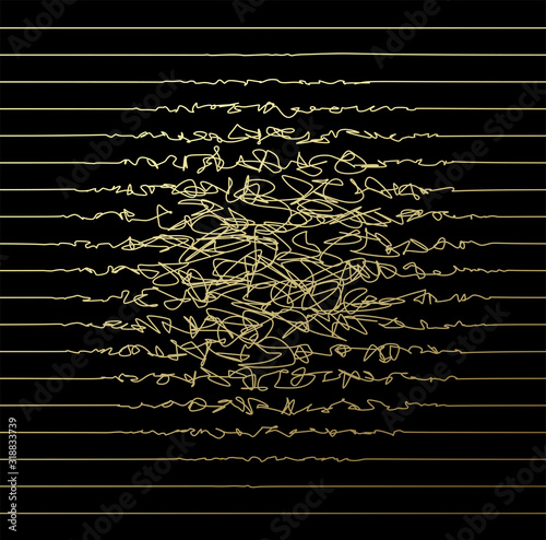 Doodle illegible handwriting pattern. Golden scribbles on black background. Vector illustration