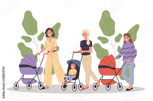 New moms walking with children