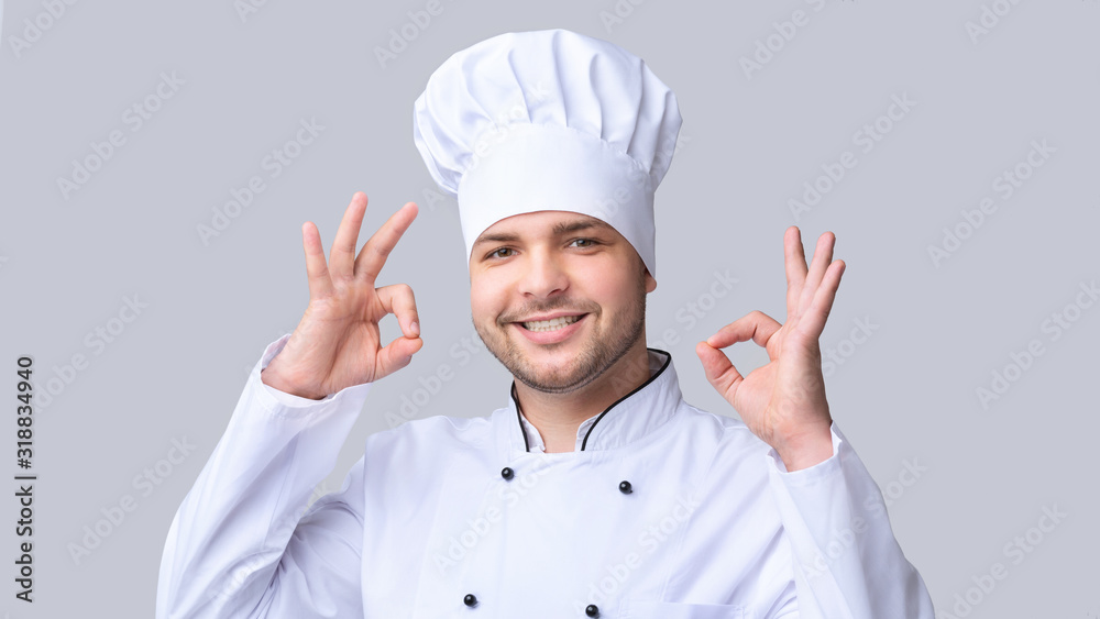 Chef Man Gesturing Okay Standing Over Gray Background, Panorama Chef Man Gesturing Okay Standing Over Gray Background, Panorama