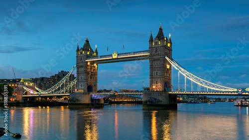 London Tower Bridge at night in England  UK.