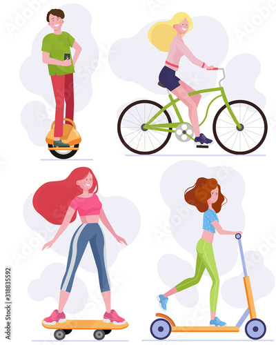 Teenagers using urban vehicles set