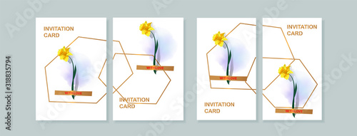 Invitation greeting card with floral background. Wedding invitation, thank you card, save the date cards. Daffodil, flower that is glued with tape and watercolor spot. Card with gold frame. Vector.