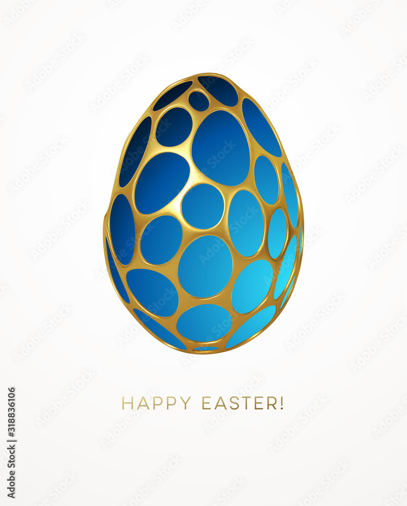 Easter greeting card with an image of an Easter egg in a golden organic realistic 3d grid pattern. Jewelry decoration. Luxury ornament. Vector illustration Easter greeting card with an image of an Easter egg in a golden organic realistic 3d grid pattern. Jewelry decoration. Luxury ornament. Vector illustration