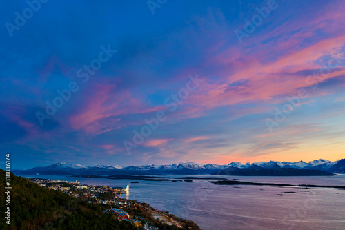 Aerial view of residential area in Molde, Norway in the evening at sunset