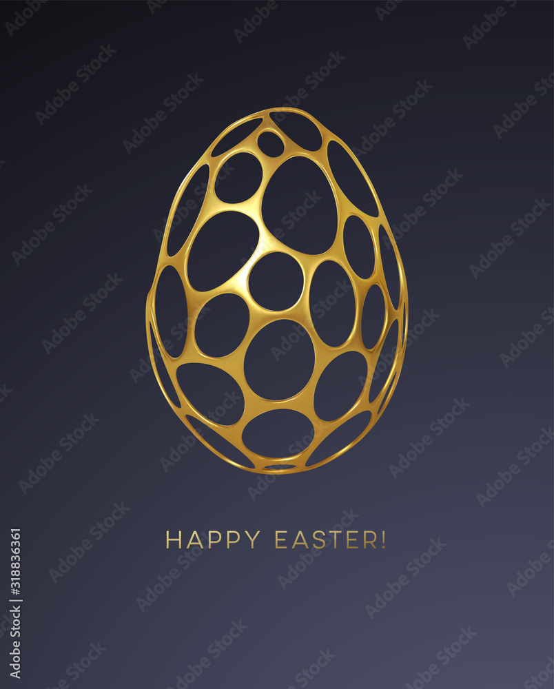 Easter greeting card with an image of an Easter egg in a golden organic realistic 3d grid pattern. Jewelry decoration. Luxury ornament. Vector illustration Easter greeting card with an image of an Easter egg in a golden organic realistic 3d grid pattern. Jewelry decoration. Luxury ornament. Vector illustration