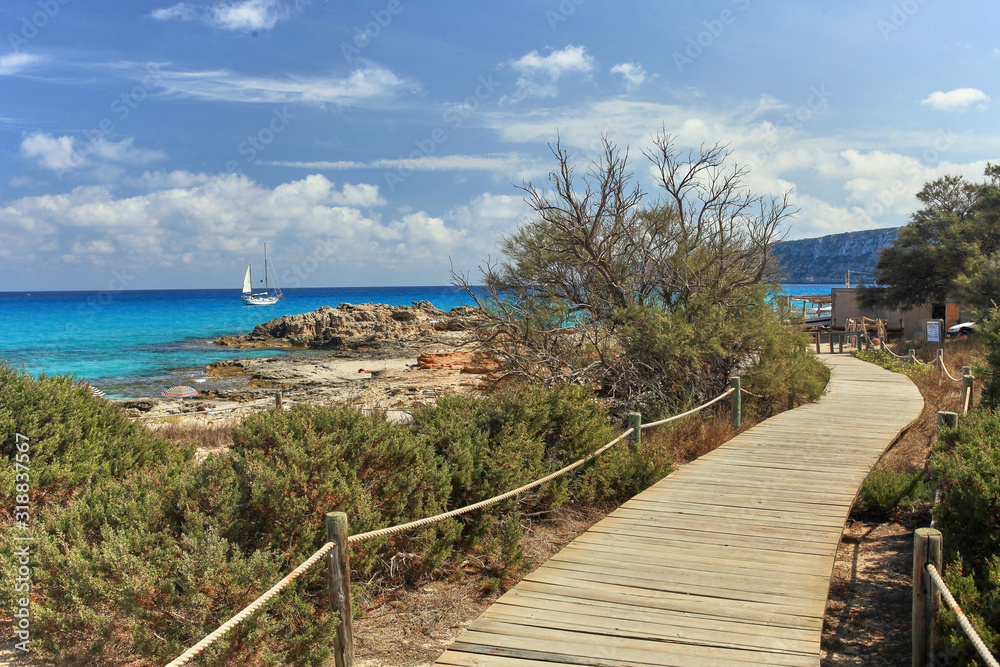 Camino de madera que proteger las dunas y te conduce a las playa en Formentera.