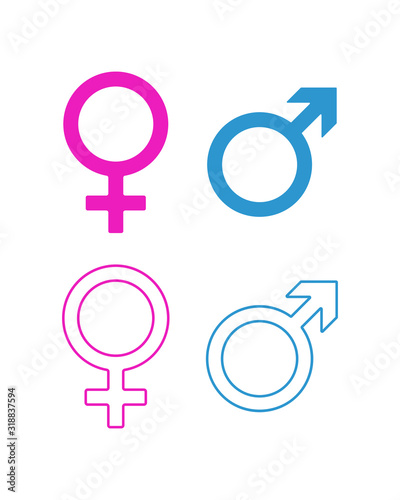 Gender symbol set in colors. Pink and blue icon. Male and female sign. Venus and mars astrology logo. Vector illustration image. Isolated on white background.