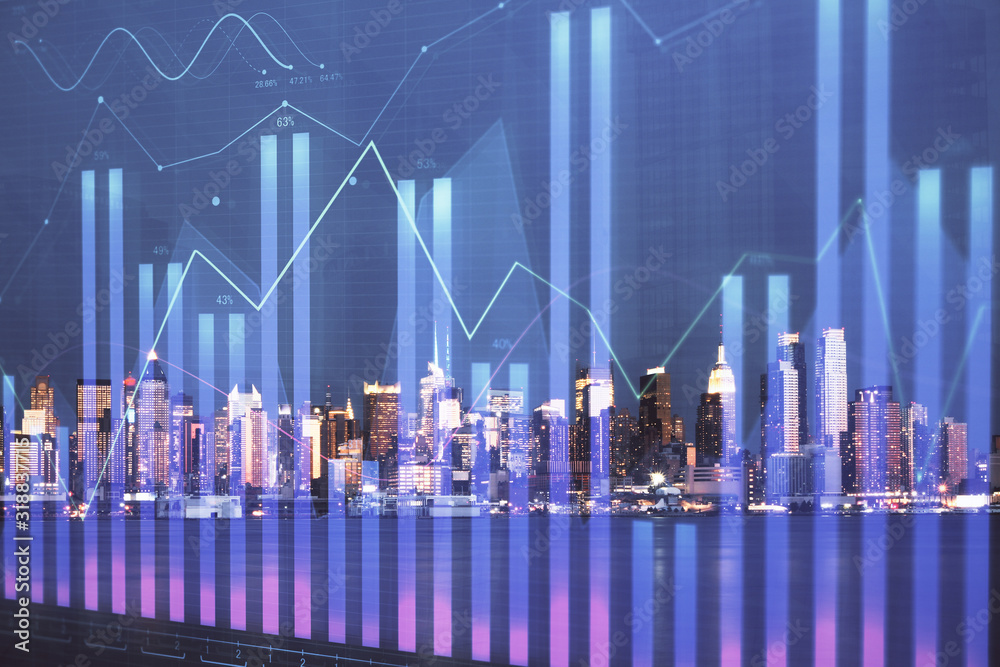 Financial graph on night city scape with tall buildings background double exposure. Analysis concept. Financial graph on night city scape with tall buildings background double exposure. Analysis concept.