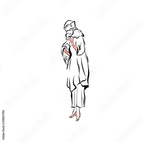 elegant woman dressed in antique clothes, retro style, victorian female character figure, 19th century fashion, hand drawn illustration in vintage engraving style