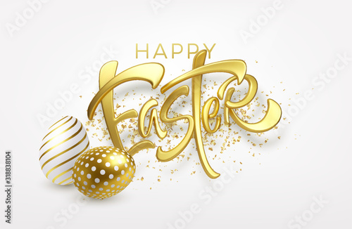 Modern trendy Golden metallic shiny typography Happy Easter on a background of easter eggs. 3D realistic lettering for the design of flyers, brochures, leaflets, posters and cards Vector illustration