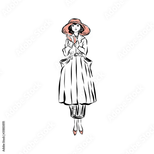 elegant woman dressed in antique clothes, retro style, victorian female character figure, 19th century fashion, hand drawn illustration in vintage engraving style