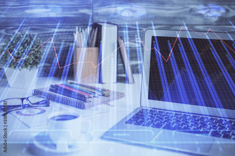 Multi exposure of forex graph and work space with computer. Concept of international online trading. Multi exposure of forex graph and work space with computer. Concept of international online trading.