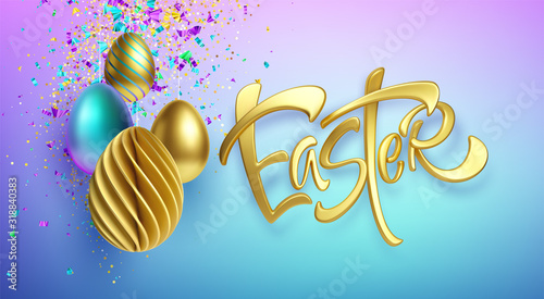 Modern trendy Golden metallic shiny typography Happy Easter on a background of easter eggs. 3D realistic lettering for the design of flyers, leaflets, posters and cards. Vector illustration