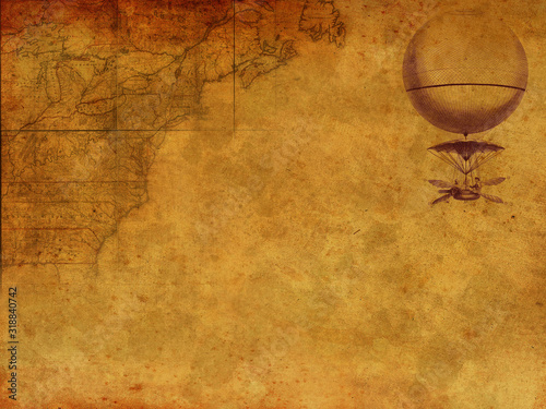 Steampunk vintage map. and airship. Dark background, grunge canvas paper. Retro wallpaper.