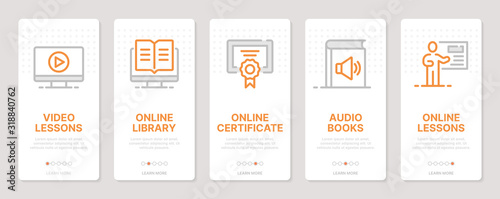 E-learning realted vertical cards. Mobile app onboarding screens Templates for a website. Icons with editable stroke
