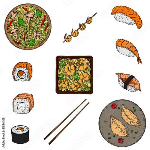 Set of pan asian food. Hand-drawn style. Vector illustrations. Isolated objects on a white background.