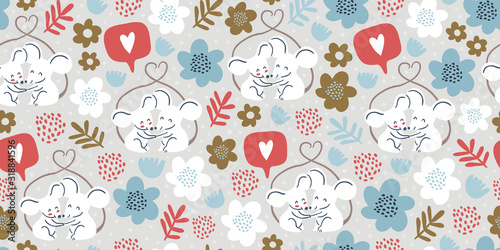 Seamless pattern with cute couple of mouses, love