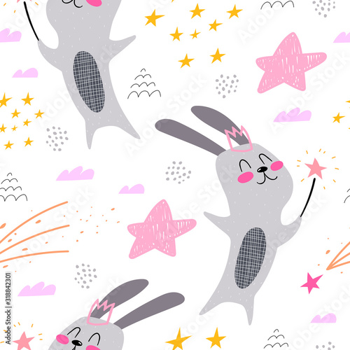 Seamless pattern with cartoon magic bunnies, decor elements. flat style, colorful vector for kids. hand drawing. baby design for fabric, wrapper, print, textile