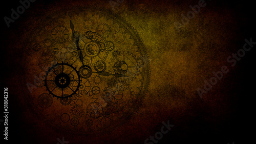 Vintage clock on grunge background  steampunk dark collage.