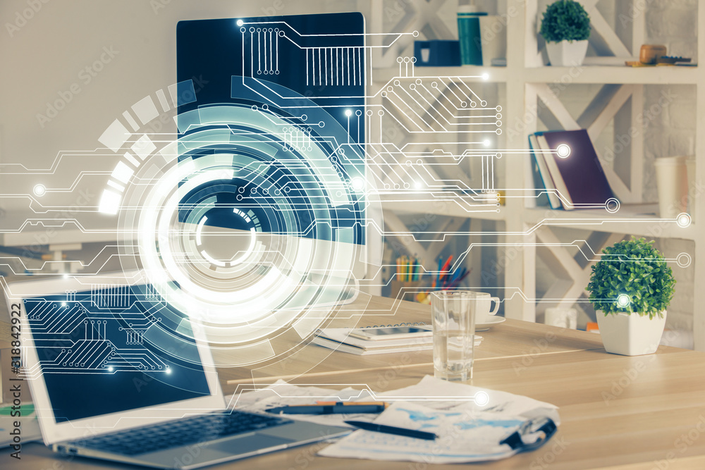 Multi exposure of computer on background and technology theme drawing. Concept of innovation.