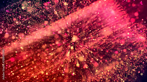 3d abstract beautiful background with light rays colorful glowing particles, depth of field, bokeh. Abstract explosion of multicolored shiny particles or light rays like laser show.