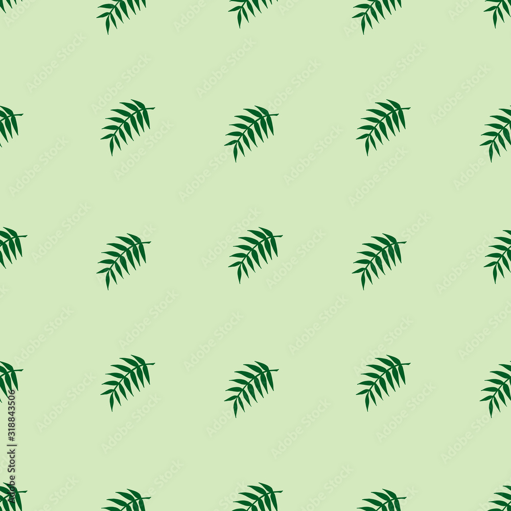 Seamless pattern with cozy little green branches on light green background for fabric, textile, clothes, tablecloth, post cards and other things. Endless background for your design. Vector image.