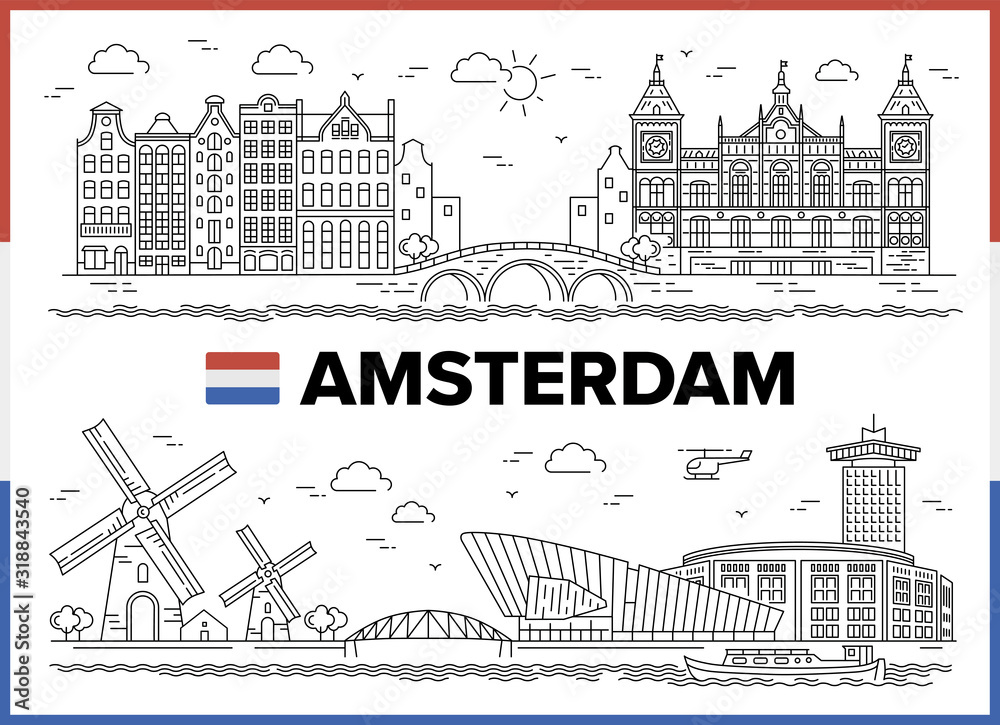 Amsterdam, Netherlands. Zaanse Schans, Science Center NEMO, Dutch National Opera & Ballet, Rijksmuseum, Dutch houses and city sights. Vector illustration