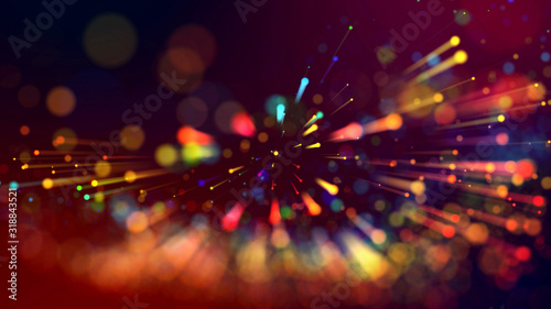 3d abstract beautiful background with light rays colorful glowing particles, depth of field, bokeh. Abstract explosion of multicolored shiny particles or light rays like laser show.