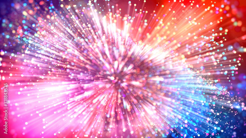 Abstract explosion of multicolored shiny particles like sparkles with light rays like laser show. 3d abstract background with light rays colorful glowing particles, depth of field, bokeh.