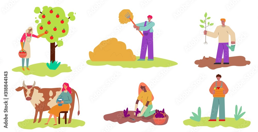 Cartoon farmer set isolated on white background - people in farm situations Cartoon farmer set isolated on white background - people in farm situations