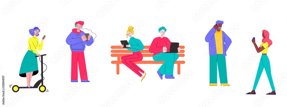 Cartoon people using gadgets outdoors - isolated set of young men and women