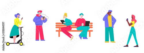 Cartoon people using gadgets outdoors - isolated set of young men and women