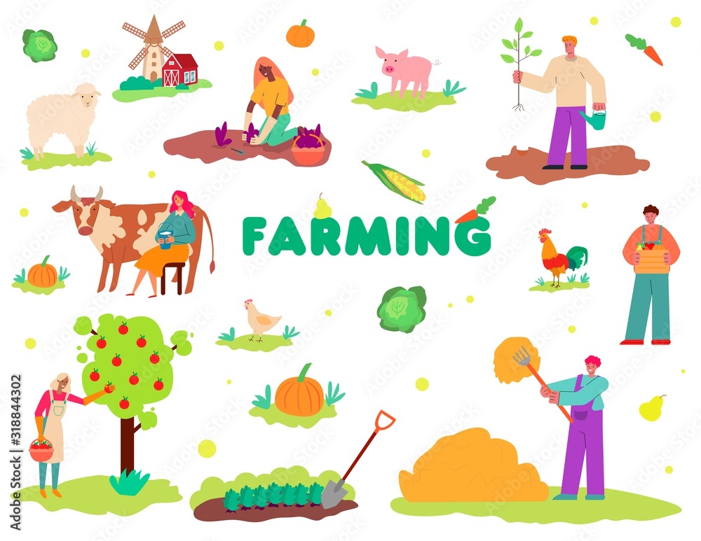 Farming set with people and animals characters vector illustration isolated. Farming set with people and animals characters vector illustration isolated.