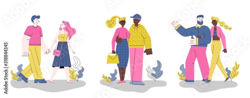 Horizontal banner with couples walk together flat vector illustration isolated.