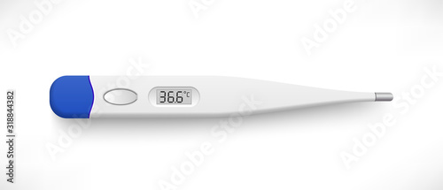 Realistic 3d electronic medical thermometer with shadow top view isolated on white background. Digital device icon showing 36.6 degrees Celsius temperature. Vector illustration photo