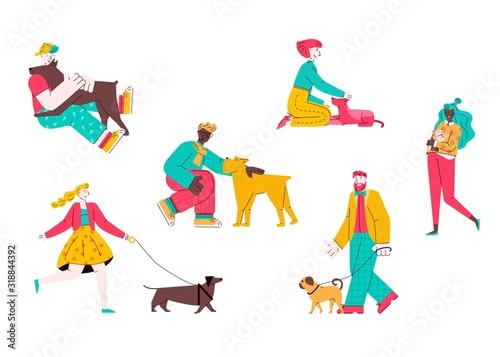 Set of dogs and owners characters, flat cartoon vector illustration isolated.