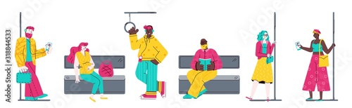People in subway train standing and sitting sketch vector illustration isolate.
