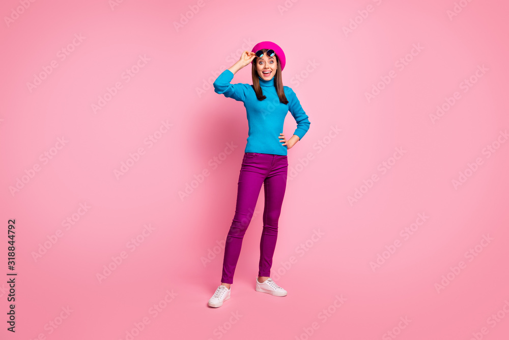 Full length body size view of her she nice attractive lovely pretty slim fit thin cheerful cheery crazy funky girl putting off specs wow expression isolated over pink pastel color background