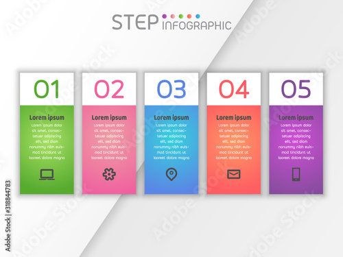 Step infographic elements on grey background. Creative business data visualization.