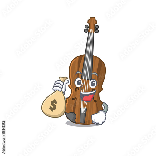 Happy rich violin cartoon character with money bag