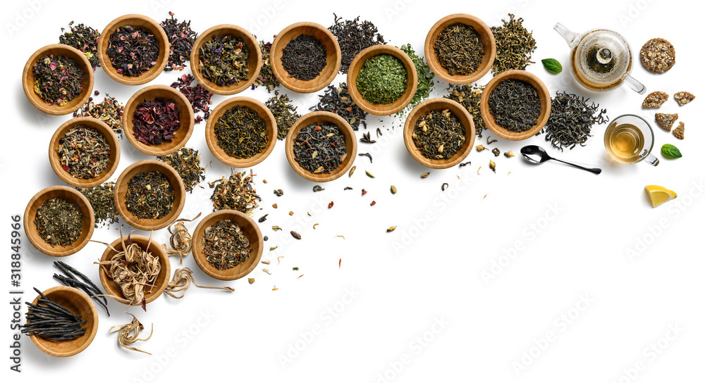© butenkow - Large assortment of tea on a white background. The view from the top