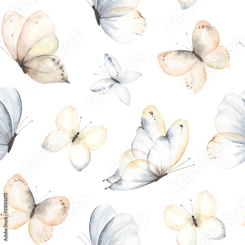 Pattern with flying gentle butterflies brown, blue, beige and indigo colors. Vector seamless illustartion on white background in vintage watercolor style.