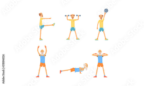 Mature Man Doing Morning Exercises Collection, Aged Person Doing Sports, People Engaged in Sports Vector Illustration
