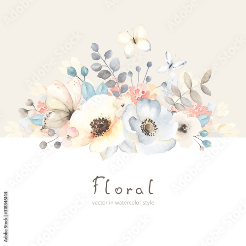 Floral card with flowers, leaves, branches and butterfies in vintage watercolor style. Holiday template for your text, vector illustration on beige and white background.