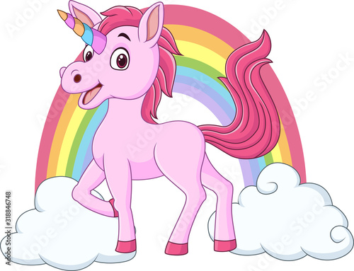 Cute baby unicorn with clouds and rainbow