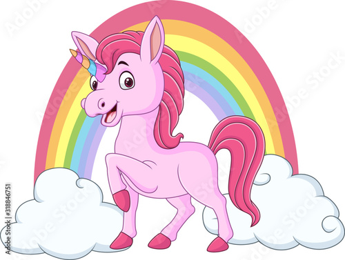 Cute baby unicorn with clouds and rainbow